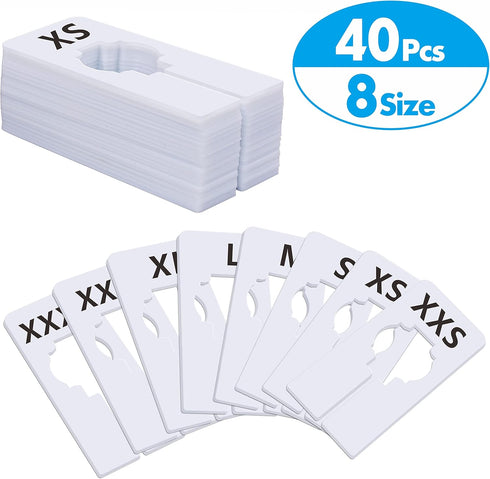 40 Pack Rectangular White Plastic Clothing Size Closet Rack Dividers, Preprinted in 8 Sizes XXS to XXXL