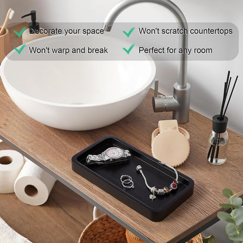 ALELION 8" Black Bathroom Vanity Tray, Wood Organizer for Dresser Tops, Soap Dispenser, Jewelry Catchall