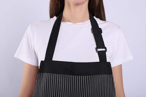 Aprons for Women and Men, Kitchen Chef Apron with 2 Pockets, Adjustable Bib Apron, Black/White Pinstripe