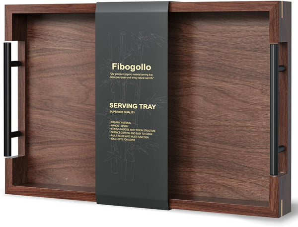 Fibogollo Walnut Wood Serving Tray with Metal Handles,15x10in Ottoman Decorative Trays Platter