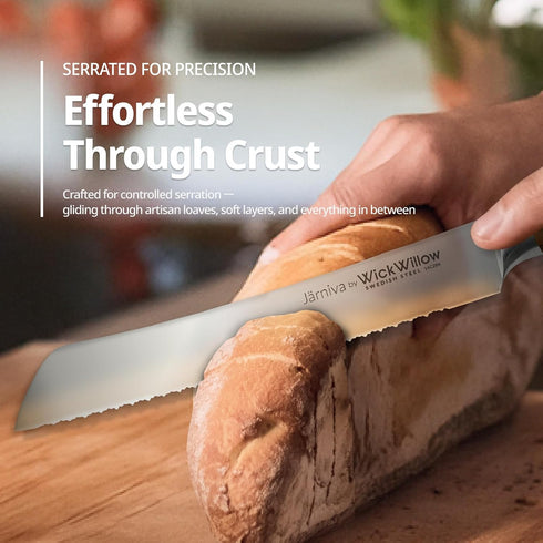 WICKWILLOW 8 Inch 14C28N Bread Knife Steel with Italian Olive Wood Handle Double Serrated Knife for Sourdough