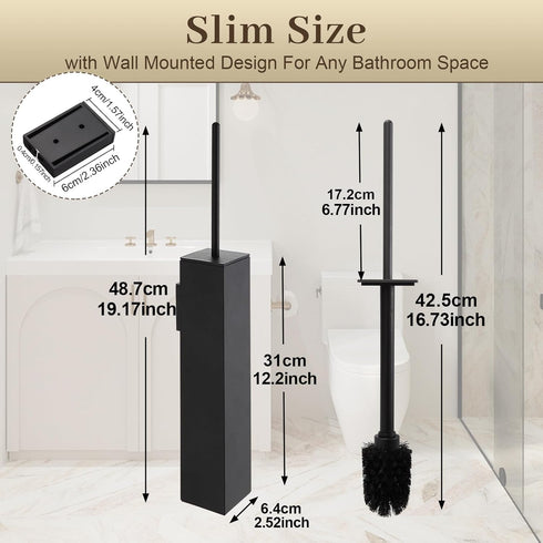 2 3M Toilet Brush and Holder Wall Mounted, Black Aluminum with Replaceable Heads, Bathroom Toilet Brush, Drill
