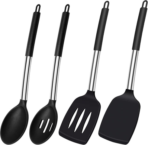 Silicone Spatula Spoon Set, 4 Pack - Solid Turner, Slotted Spatula, and Kitchen Spoons for Cooking and Baking