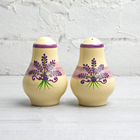 City to Cottage Ceramic Salt and Pepper Shakers Set, Handcrafted Cream Lavender Floral Spice Shakers for Farmhouse