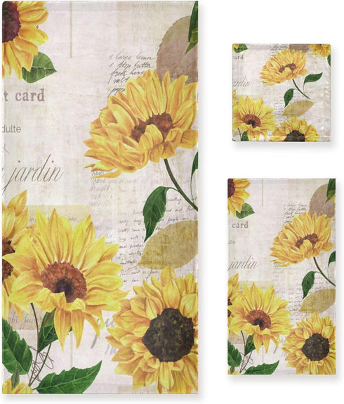 HATESAH Vintage Sunflower Bath Towels Set,Soft Highly Absorbent Yellow Summer Floral Retro Newspaper