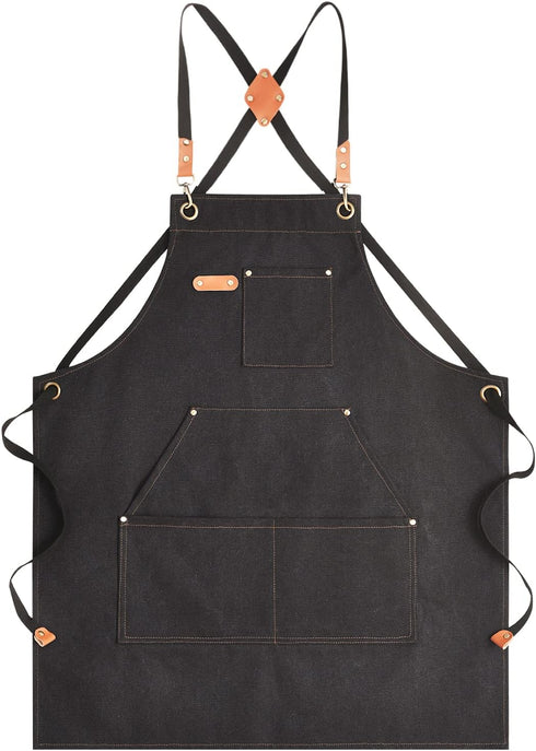 Chef Apron Canvas for Men, Work Apron with Large Pockets - 16oz Heavy Duty Cross Back, BBQ, Cooking