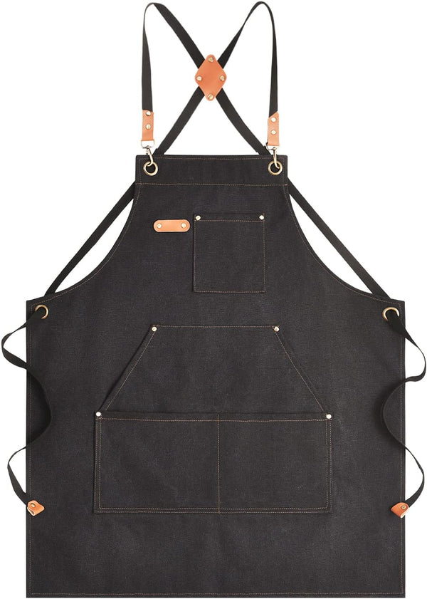 Chef Apron Canvas for Men, Work Apron with Large Pockets - 16oz Heavy Duty Cross Back, BBQ, Cooking