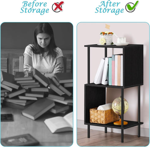 3-Tier ETELI Side Table Small Tall S-Shaped End Table with Open Book Shelf Industrial Black S-Shaped Bookcase Bedside