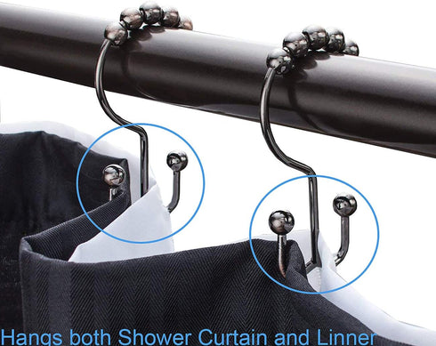 Metal Double Glide Roller Shower Curtain Hooks Rings - 100% Stainless Steel, Set of 12, Oil Rubbed Bronze