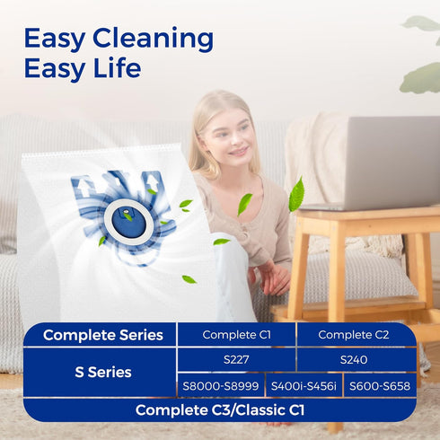 Vacuum Cleaner Bags - Fit for Miele Classic C1 Complete Series, Includes 9 Packs 3D Efficiency Airclean Bags