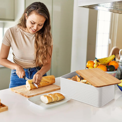 Countertop, 13 7 5.3 inch Phyllia Bread Box, Metal Bread Storage Container with Bamboo Lid Usable as Cutting Board
