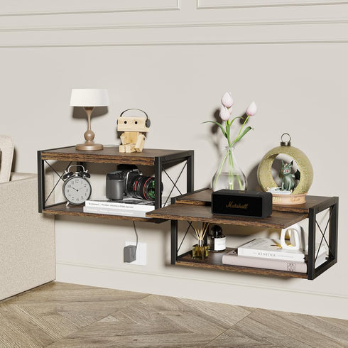 2-Tier Floating Nightstand, Wall Mounted Bedside Table, Wood Bedside Shelf Wall Mounted Nightstand, Floating Bedside