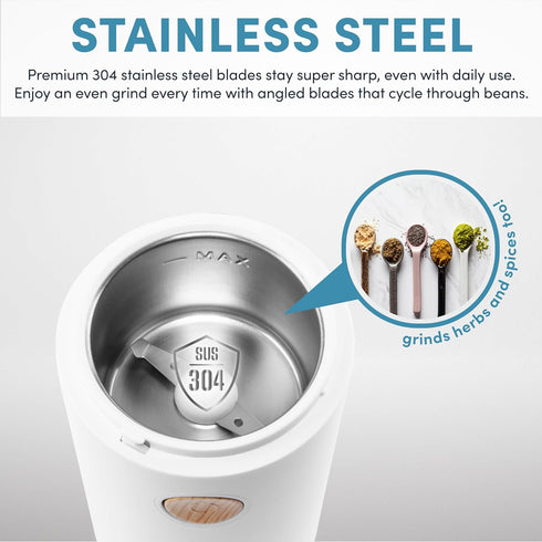 Aroma Housewares Mini Coffee Grinder and Electric Herb Grinder with 304 Stainless Steel Grinding Blades and a See-through Lid (40 g.), White, 40g by Aroma Housewares