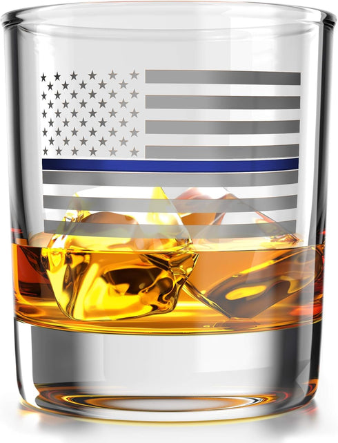 Thin Blue Line American Flag Whiskey Rocks Glass, Old Fashioned Bourbon Glass, 10 oz Capacity