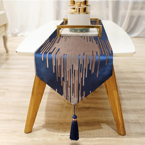 72 Inches Jiino Blue Luxury Table Runners Long with Tassels Modern Geometric Lines Runner Table for Dresser Table