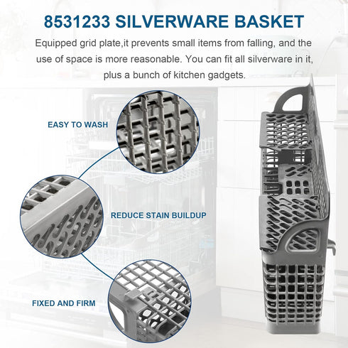 AMI PARTS 8531233 WP8562043 Universal Dishwasher Silverware Basket Replacement for Whirlpool Kitchenaid Utensil Rack