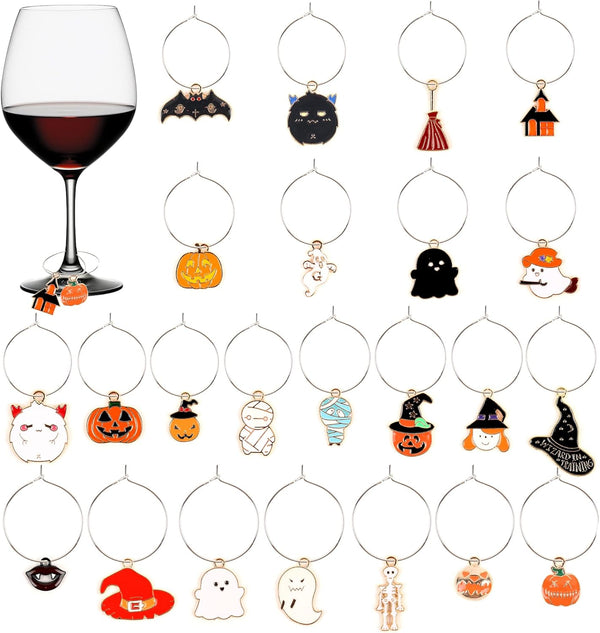 23pcs Halloween Wine Charms Set, Enamel Ghost Pumpkin Bat Wizard Hat Broomstick Markers for Glasses