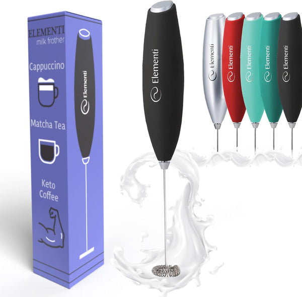 Elementi Milk Frother Wand & Drink Mixer Handheld, Electric Mini Mixer, Coffee Mixer Wand, Matcha Mixer & Stirrer