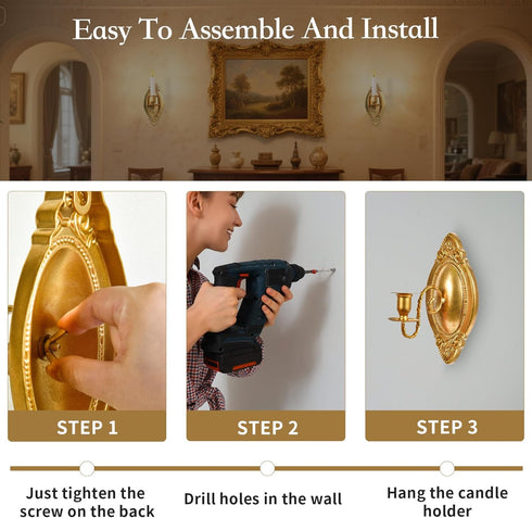 Set Gold Candle Sconces of Two, Brass Color Victorian Royal Wall Sconce, Metal Rustic Candle Holder Baroque Home Wall