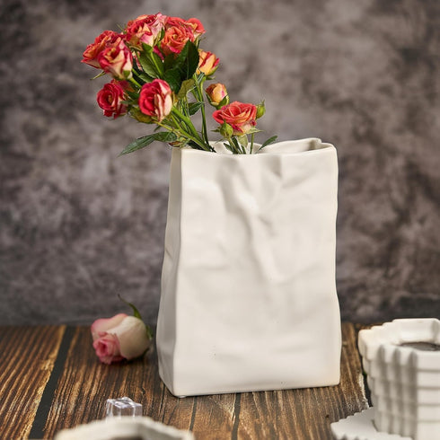 8 Inch Relexome Paper Bag Vase Crinkle Wide Ceramic Flower Vase Cream White Boho Wabi-Sabi Vases, Cute Home Office