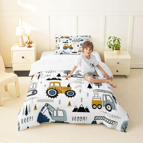 Set Set Set 2Pcs 1 Feelyou Cartoon Car Kids Comforter Construction Bedding for Boys Toddler Decor Equipment Trucks