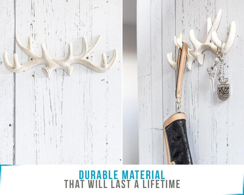 Comfify Vintage Cast Iron Deer Antlers Wall Mounted Hooks | Antique White Metal Clothes Hanger Rack