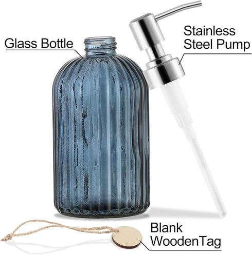 16 OZ Clear Glass Soap Dispenser with Vertical Stripe and 304 Stainless Steel Pump for Bathroom, Kitchen, Lotion (Blue