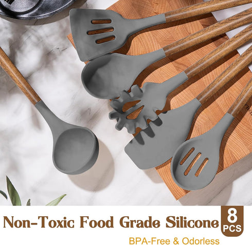 Umite Chef Silicone Cooking Utensil Set, 8-Piece Kitchen Utensils Set with Natural Acacia Wooden Handles,Food-Grade Silicone Heads-Silicone Kitchen Gadgets and Spatula Set for Nonstick Cookware - Grey by Umite Chef