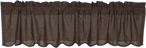 VHC Brands Kettle Grove Window Curtain, Plaid Valance Scalloped, Black, 16x72