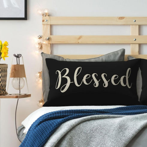 Nice Gift Inspirational Blessed Letters Waist Lumbar Black Cotton Linen Throw Pillow Case for Home Decor