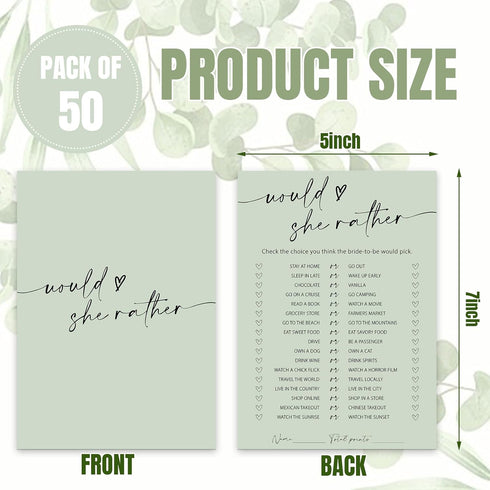 50 Whaline Sheets Sage Green Bridal Shower Game Cards Greenery Double Sided Party Game Activity Cards for Would She