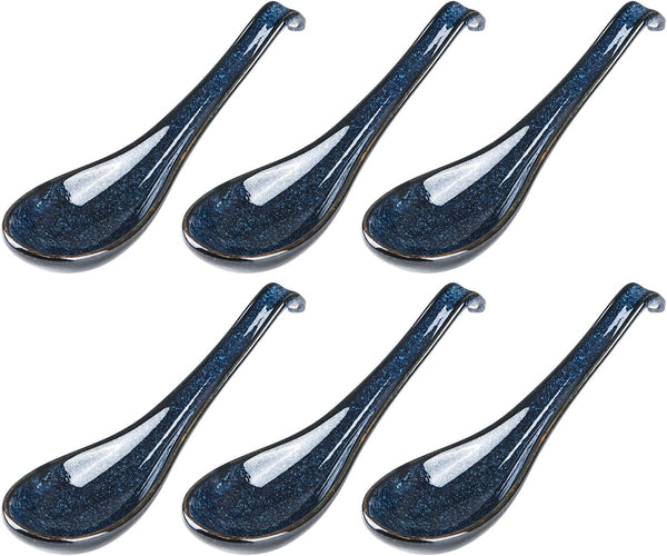 Vicrays Set of 6 Ceramic Soup Spoons, 6.4 Inch Asian Porcelain Ladle Utensils for Ramen, Dumplings, Pho, Miso (Blue)