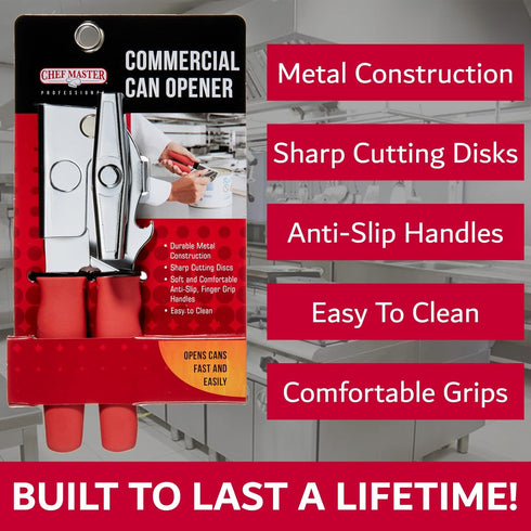 Chef-Master Commercial Can Opener, Multi-Purpose Manual with Anti-slip Grip Knobs, Easy Turn Knob, #90226