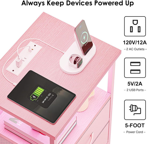 2 Fixwal Night Stand with Charging Station, LED Nightstand with U-S-B Ports and Outlets, Fabric Storage Drawers with PU