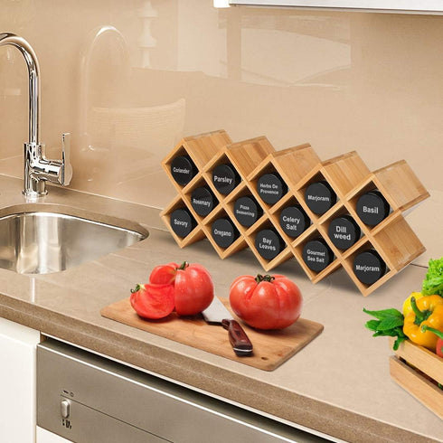 18-Jar Countertop Counter, Criss-Cross Bamboo Spice Rack Organizer, Kitchen Cabinet Cupboard Wall Mount Door Spice