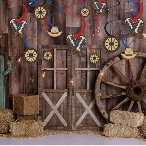 Western Party Hanging Swirl Decorations - Red & Blue Swirl with Cowboy Cutouts (Pack of 12) - 5" & 7"