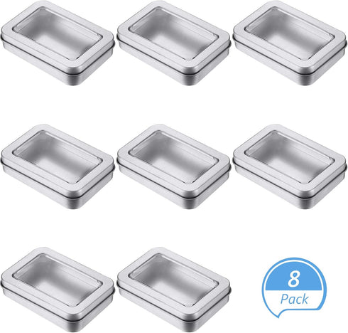 8 Pieces Tin Box Metal Tins with Lids, Clear Top, Mini Portable Storage Case for Home Candles, Gifts, 3.4x2.4x0.8 Inch,