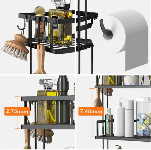 Over The Toilet Storage Shelf, 3-Tier Bathroom Organizer, Upgrade Punch-Free Storage Rack with Hooks, Black