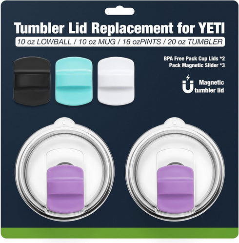 20 oz Tumbler Lids, Magnetic Replacement for YETI, BPA Free 2 Pack Purple Tumbler Lids & 3 Pack Slider