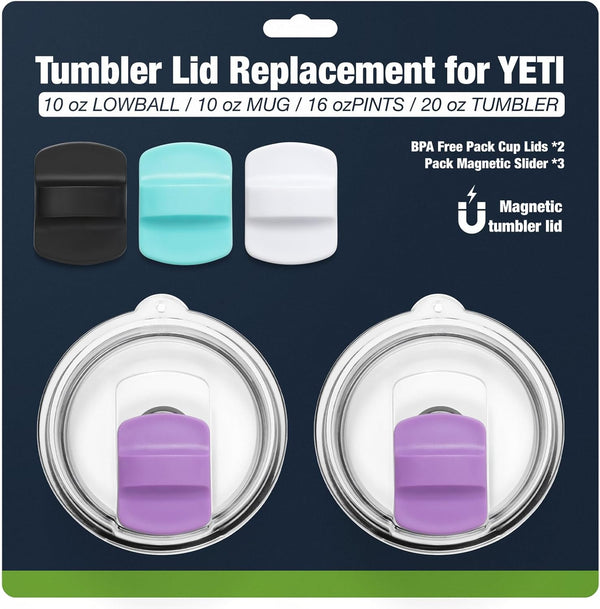 20 oz Tumbler Lids, Magnetic Replacement for YETI, BPA Free 2 Pack Purple Tumbler Lids & 3 Pack Slider