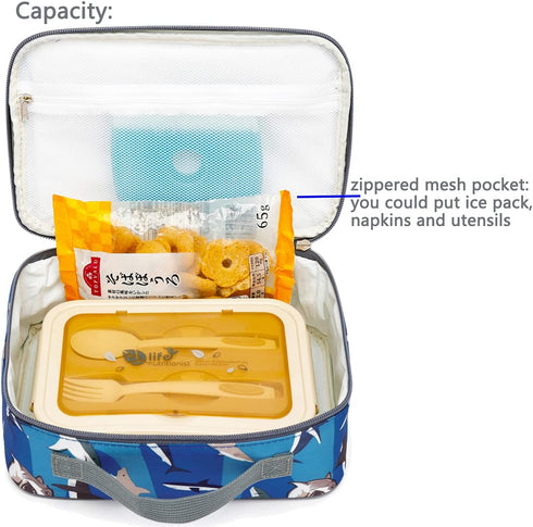 FlowFly Kids Lunch Box, Insulated Soft Bag Mini Cooler, Back to School Thermal Meal Tote Kit for Girls, Boys, Shark