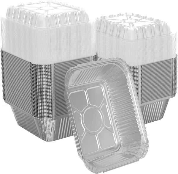 30 Pack 1 lb Rectangular Disposable Aluminum Foil Pan, 16 oz Take Out Food Containers with Clear Plastic Dome Lids