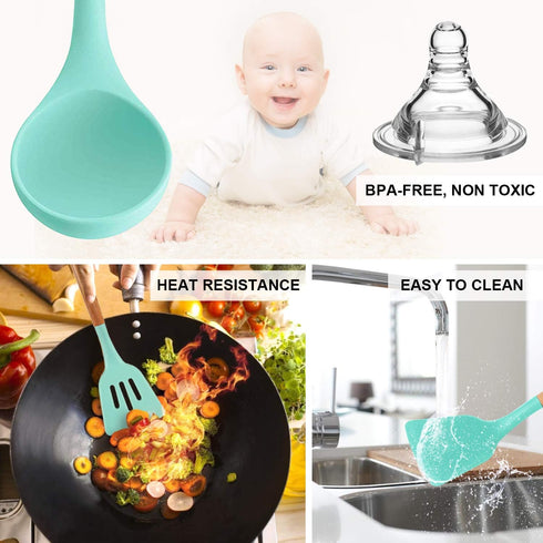 MIBOTE 17 Pcs Silicone Cooking Kitchen Utensils Set with Holder, Wooden Handles Cooking Tool BPA Free Turner Tongs Spatula Spoon Kitchen Gadgets Set for Nonstick Cookware (Teal) by MIBOTE