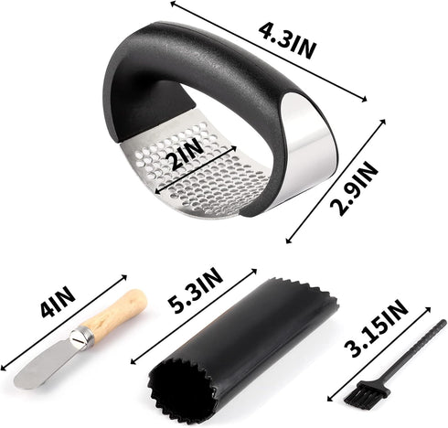 Rngeo 2 Pack 2 2 2 Garlic Press Rocker, Stainless Steel Garlic Mincer with Peelers, Scrapers and Brushes | Garlic
