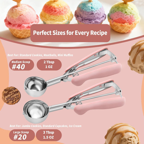 JETONN Set 2, 18/8 Set Cookie Scoops for Baking of Pink Handle Stainless Steel Ice Cream Scoop with Ergonomic Soft