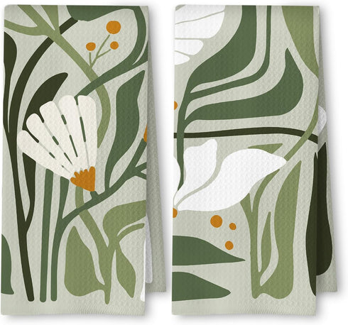 ArtisaEura Abstract Boho Sage Green Floral Kitchen Towels Set of 2, 70s Retro