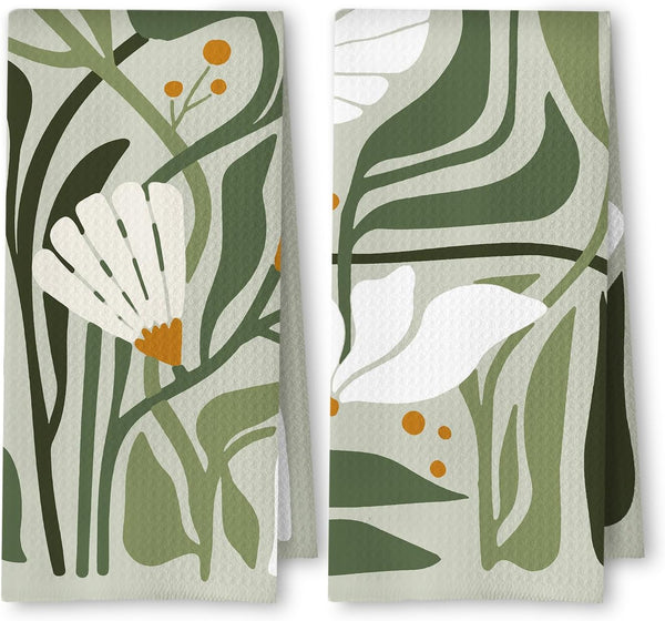 ArtisaEura Abstract Boho Sage Green Floral Kitchen Towels Set of 2, 70s Retro