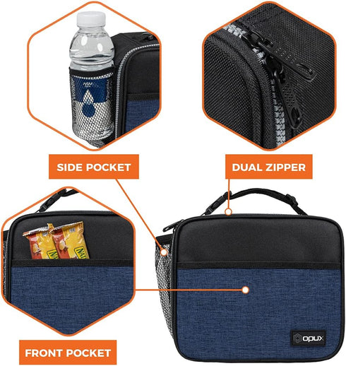 opux Insulated Lunch Bag for Kids, Leakproof Small Reusable Compact Soft Mini Cooler Bag (Navy)