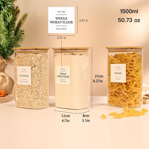 3 Pack 132 51 floz Square Glass Pantry Storage Containers with Kitchen Food Pantry Labels - Clear Glass Pantry Jars