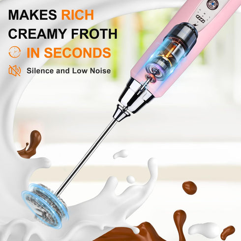 YUSWKO Pink Handheld Milk Frother with Stand, Rechargeable Electric Whisk, 3 Heads, 3 Speeds for Coffee, Latte